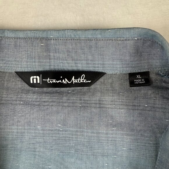 TravisMathew Shirt XL Short Sleeve Button Up Blue Gray Striped Casual Golf - Picture 2 of 6